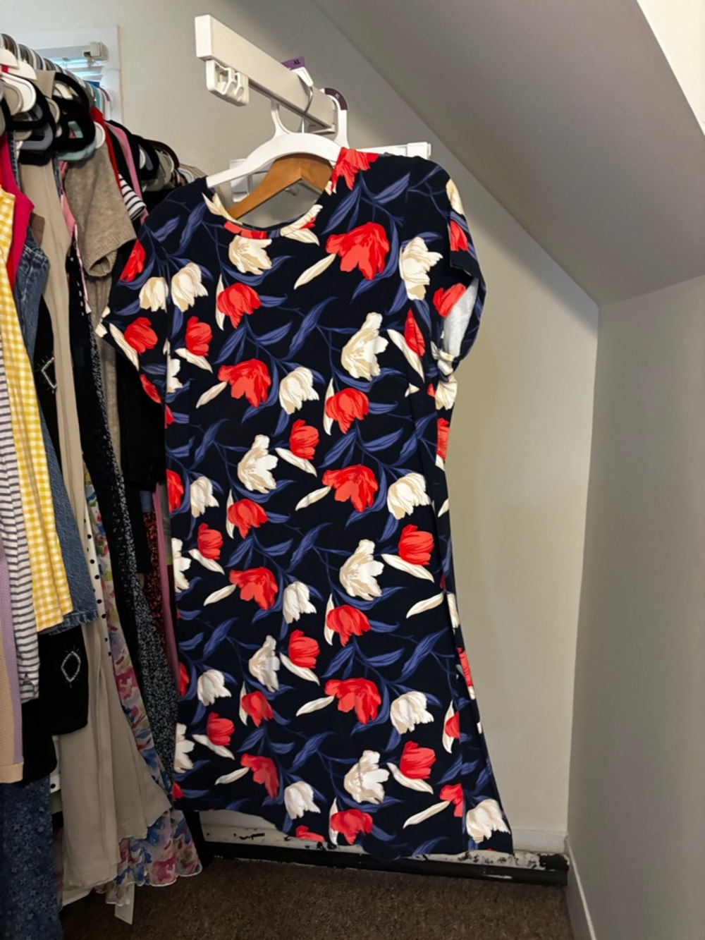 Old Navy Navy Floral Midi Dress with Red and Cream Tulips